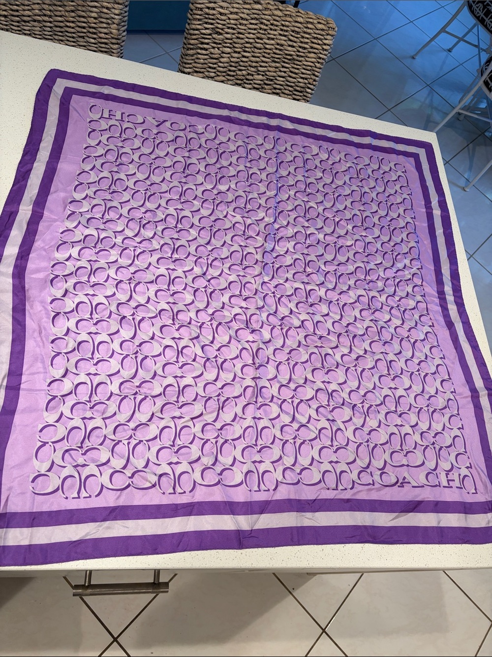 Coach Lavender & Deep Purple Signature Logo oversized silk scarf.